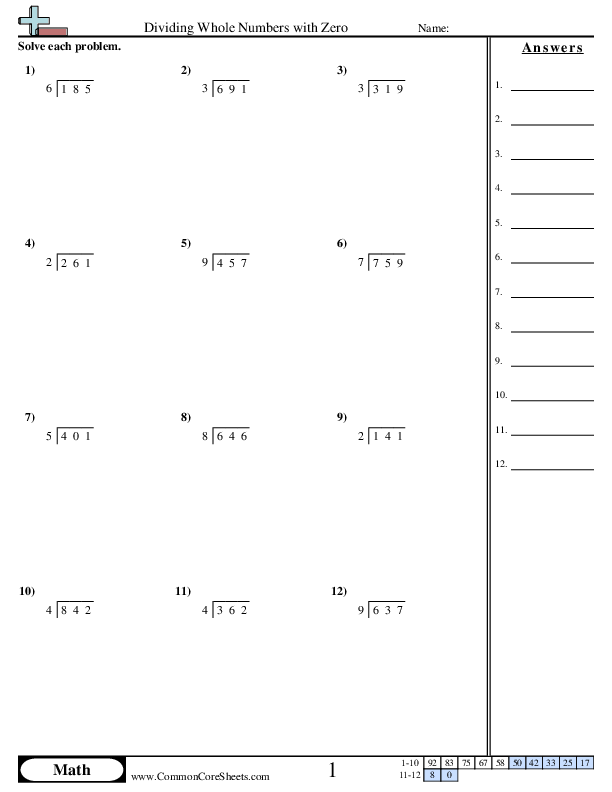 Division Worksheets - Dividing Whole Numbers with Zero worksheet